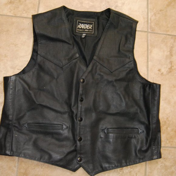 Raider All Black Leather Motorcycle Vest US MEN'S SIZE 50 - Picture 2 of 8